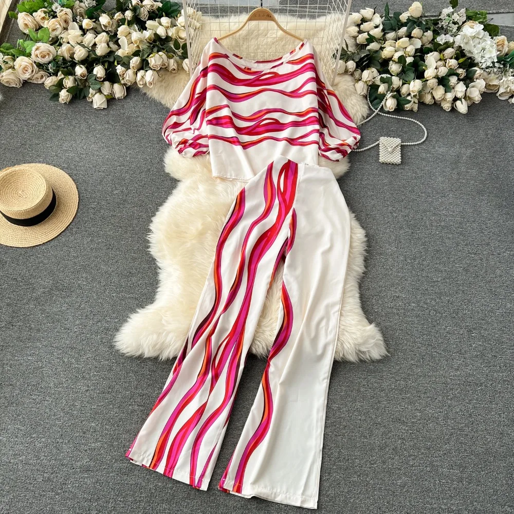 

Sexy Chic Two Pieces loose pleated print and High Waist Wide Leg Pants Women Casual Vacation Summer Sets