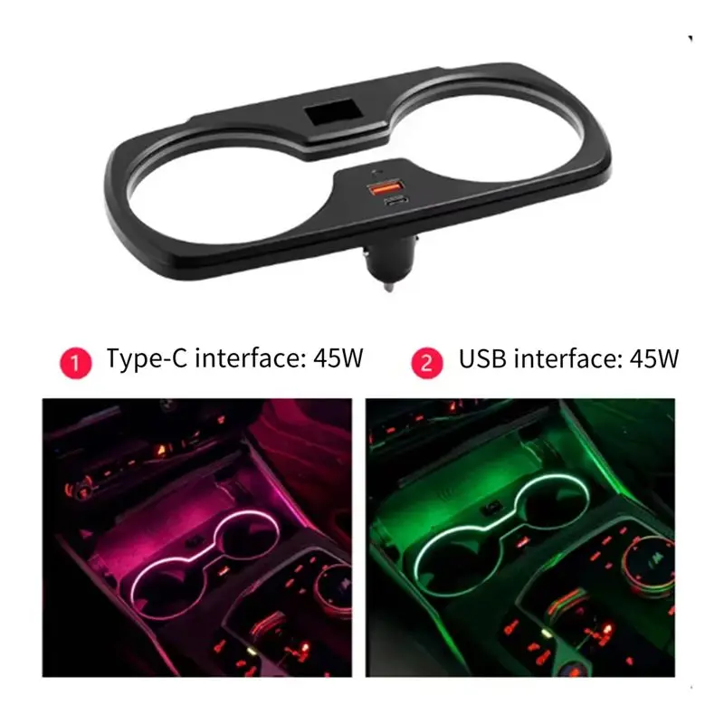 Car LED Cup Holder Ambient Light 45W Car Charging Cup Holder TYPE-C USB Charging Port For BMW 3 4Series I3 I4 2020-2025