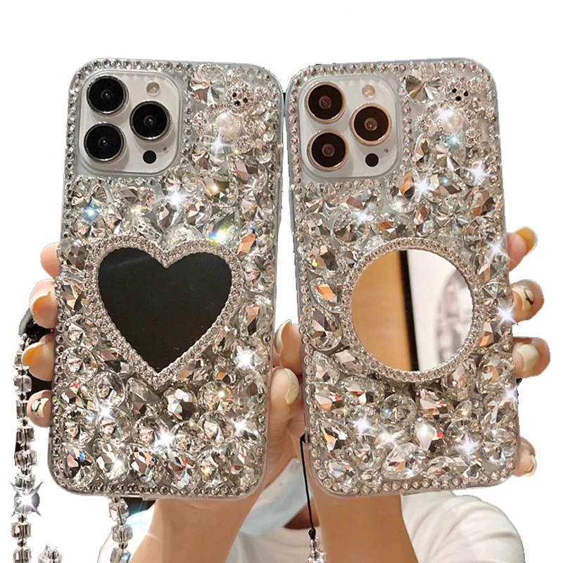 Luxury Diamond Makeup Heart Mirror Phone Case for Samsung A54 5G, for Girls Galaxy A71 72 73, A81 82/5G Clear Cover with Strap