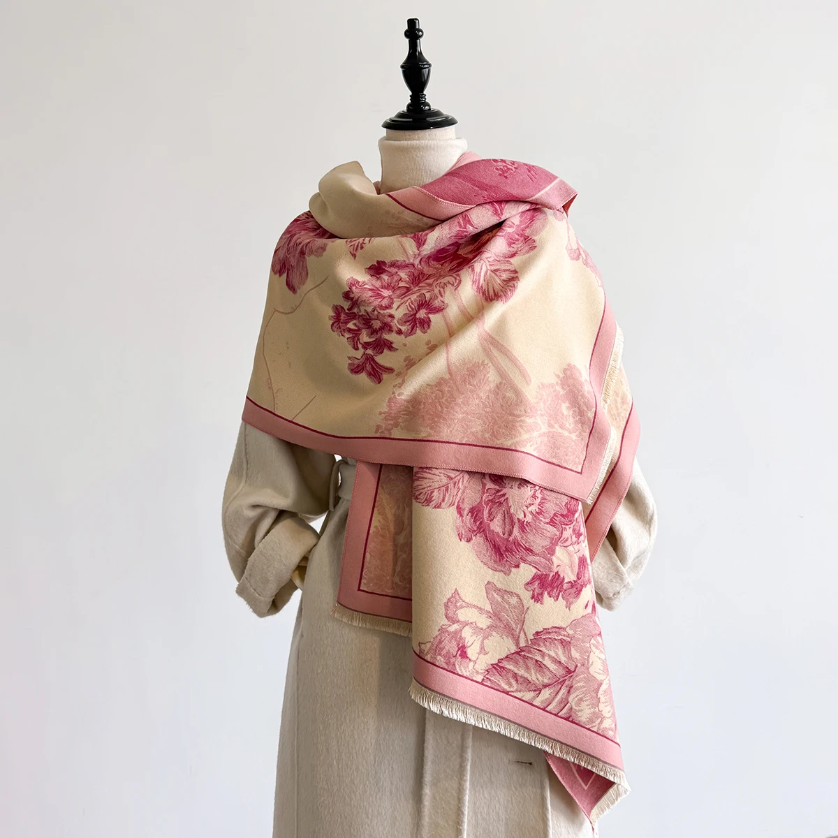 Brand Fashion Winter-Kaschmirschal für Damen – Pashmina-Schal mit Blumenmuster und Quasten, dicker, warmer Wickel- und Poncho – Detail 8