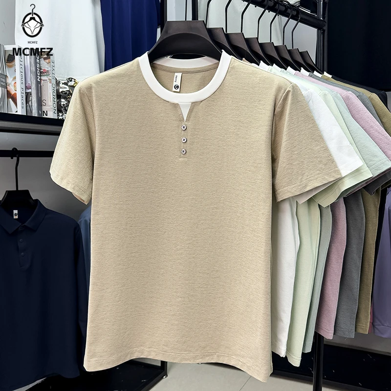 

Men Casual Short Sleeve Henley T Shirt Contrast Neckline With Buttons Soft Fabric Tops For Daily Fashion And Street Style