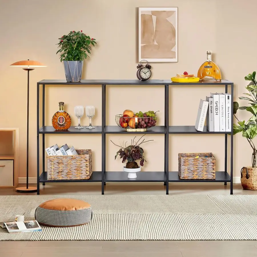 طاولة وحدة تحكم معدنية من 3 طبقات مقاس 55 بوصة مع 6 وحدات تخزين، وطاولة أريكة خلف الأريكة، ورف طويل ضيق مع مساحة تخزين للمدخل، Narr #1