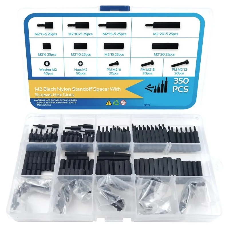 

350 Pieces M2 Black Metric Nylon Hexagonal Gasket Bracket Screw Nut Cross-border Combination PCB Main Board Circuit