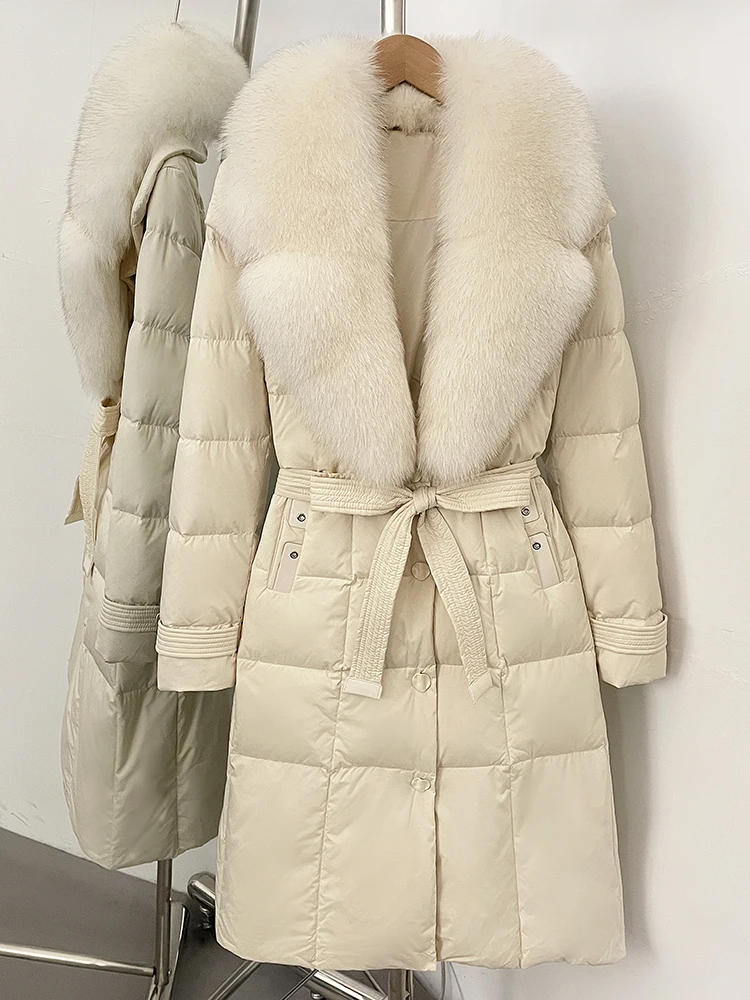 2025 New Winter Female Real Fox Fur Long Clothes Women Luxury Fashion Puffer Jacket Belt Thickened Warm Natural Fur Duck Down