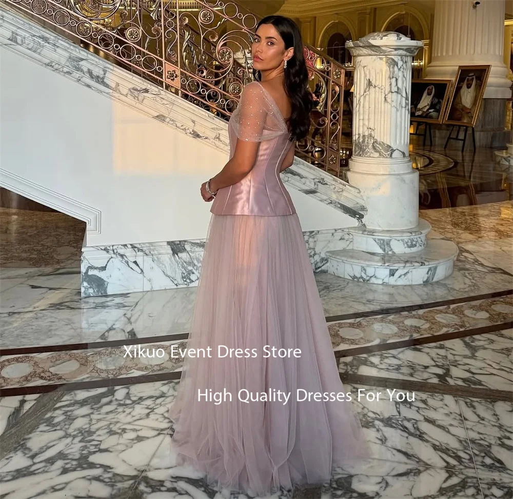 Xikuo Tulle Sheer Sleeves Evening Gowns A Line Pink Robe Cocktail Femmes Sparkly Formal Saudi Arabric Prom Dresses Customized