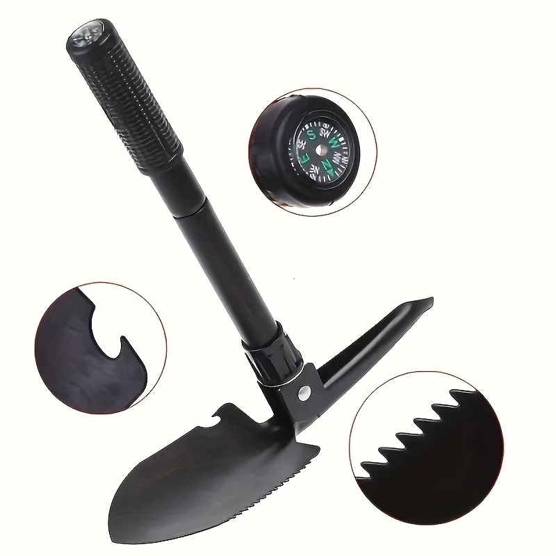 Tactical Folding Survival Shovel w/ Compass, Saw, Handle, Pickaxe & Camo Bag - Durable Stainless Steel for Camping - view 4