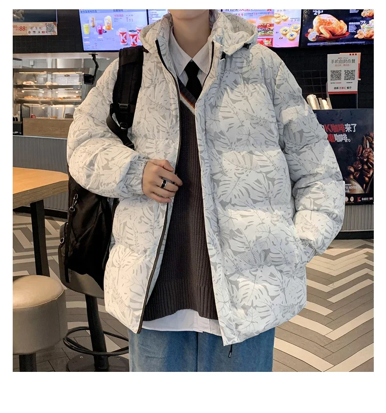 Autumn and Winter Men's Cotton Jacket Fashion Maple Leaf Printing Design Windproof Hooded Coat Hip-hop Street Men's Clothing 5XL