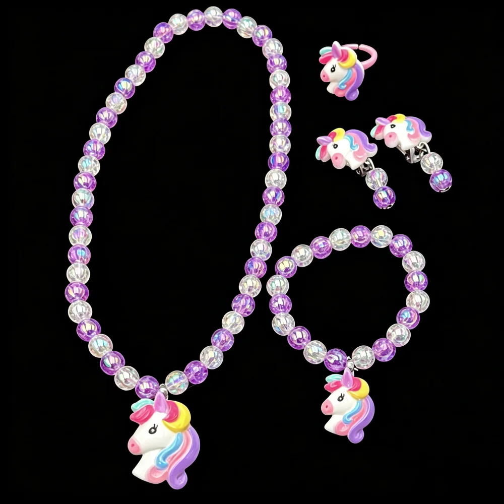 1Set Kids Unicorn Jewelry Set Resin Beaded - Animal Necklace Bracelet Ring Earrings Little Princess Dress-Up Accessory Gift