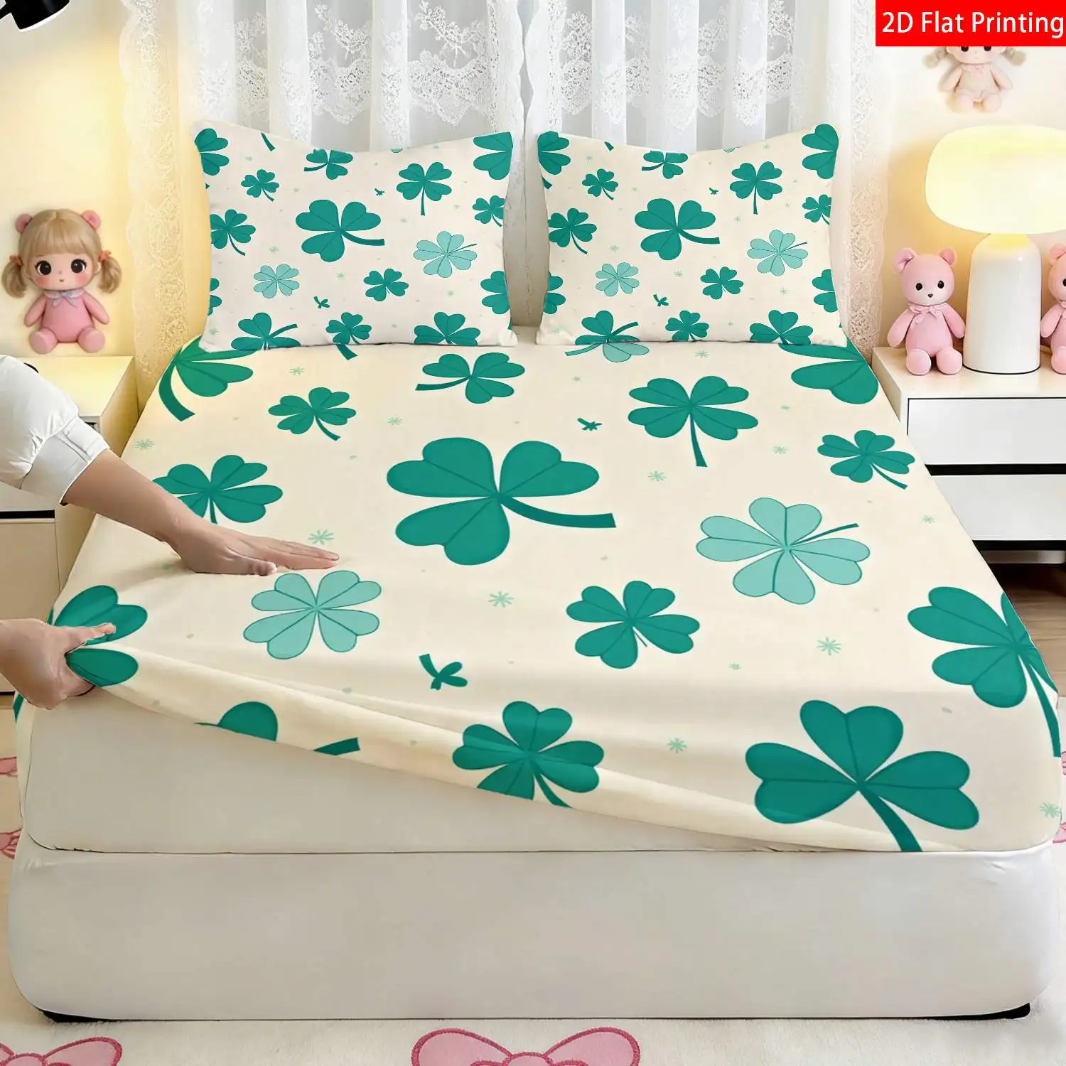 Lucky Four-Leaf Clover Fresh Green Three-Piece Bed Sheet Set Decorative Bedding Three-Piece Bedding Set (includes 1 fitted sheet + 2 pillowcases) 3-piece set, large-capacity deep pocket 2D printed fitted sheet and 2 pillowcases mattress protector, fitted elastic style, suitable for all seasons, machine washable design, holiday decoration, various sizes, breathable protector with pillowcase