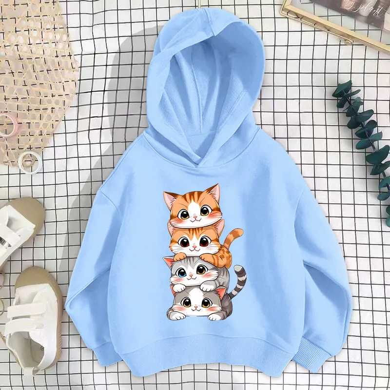Children's Sweatshirt: 2026 Fall New Arrival—Cat-Print Long-Sleeve Hooded Sweatshirt, Cute White Cotton Girls' Pullover Jacket
