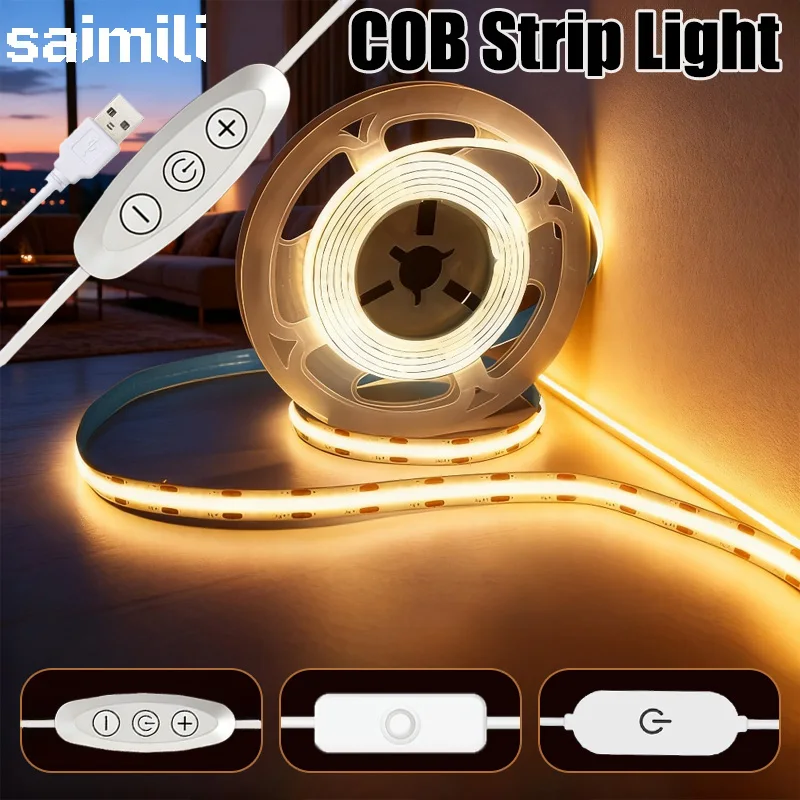 

Светодиодная лента COB 320 светодиодов/м с переключателем с регулируемой яркостью USB Гибкая светодиодная лента 5 В для DIY Зеркальная подсветка телевизора Ночник