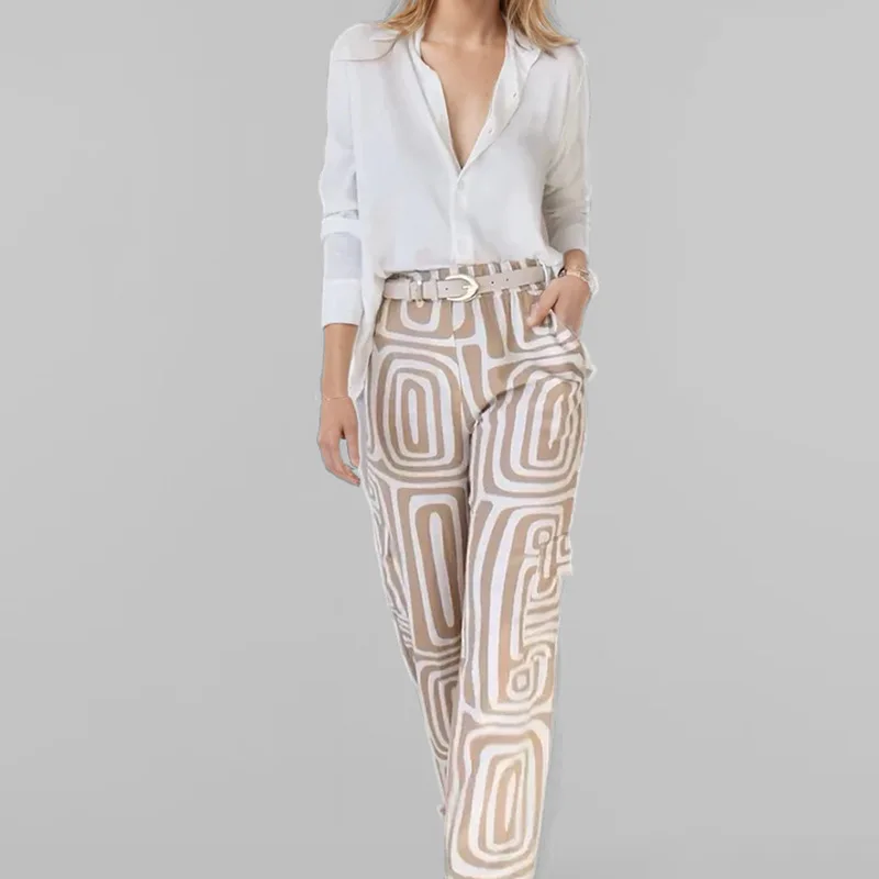 

Fashion Casual Print Pants Two Piece Sets Women Long Sleeve Turn Down Collar Shirts Straight Trousers Set Temperament Lady Suits