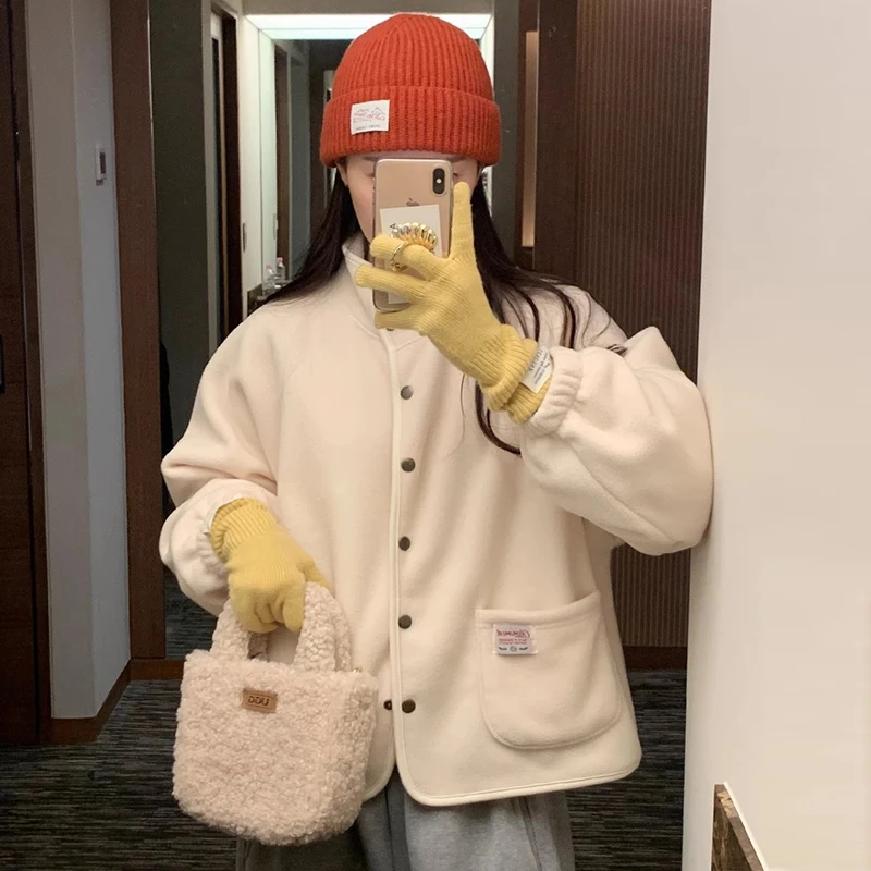 シックな両面フリースアウターウェアレディースルーズ長袖スタンドカラーシングルボタンジャケット秋冬通勤スタイル