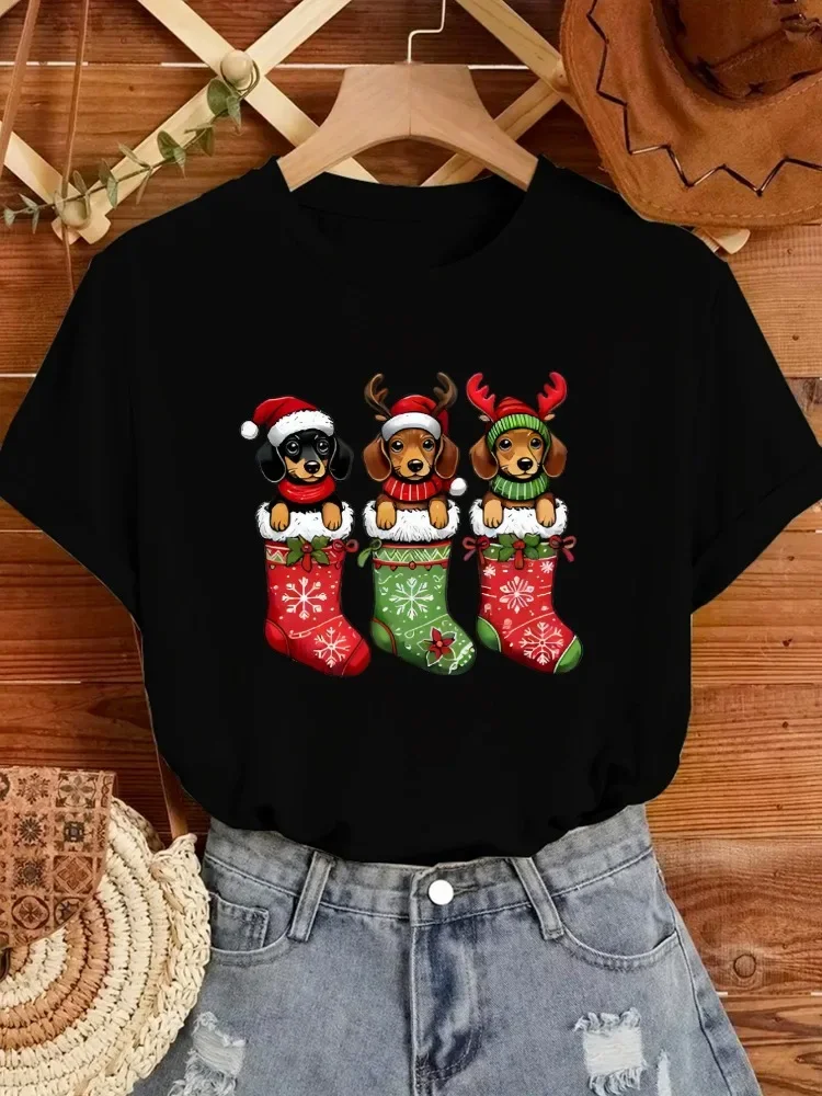 Women's Christmas Dog Print T-Shirt Casual Crew Neck Short Sleeve Top Tshirt  Fashion Holiday Wear Harajuku Casual Clothing