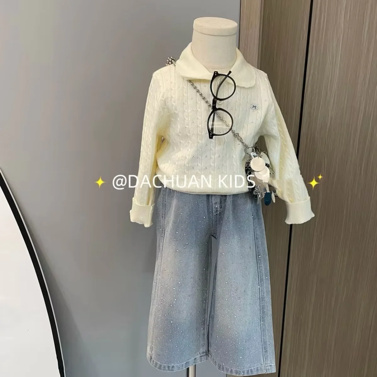 Girls' Spring and Autumn Set Fashion Academy Style Children's Doll Neck Knitted Shirt+Hot Drilled Casual Straight Pants 2 Pcs
