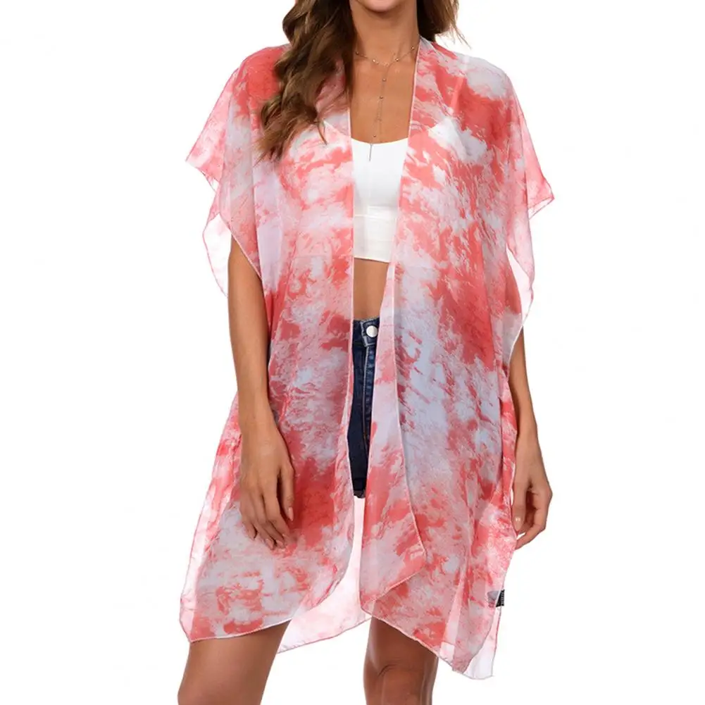 Costume da bagno a maniche corte a pipistrello cardigan in chiffon sottile con stampa tie-dye bikini copricostume per abbigliamento da spiaggia primavera estate abbigliamento donna