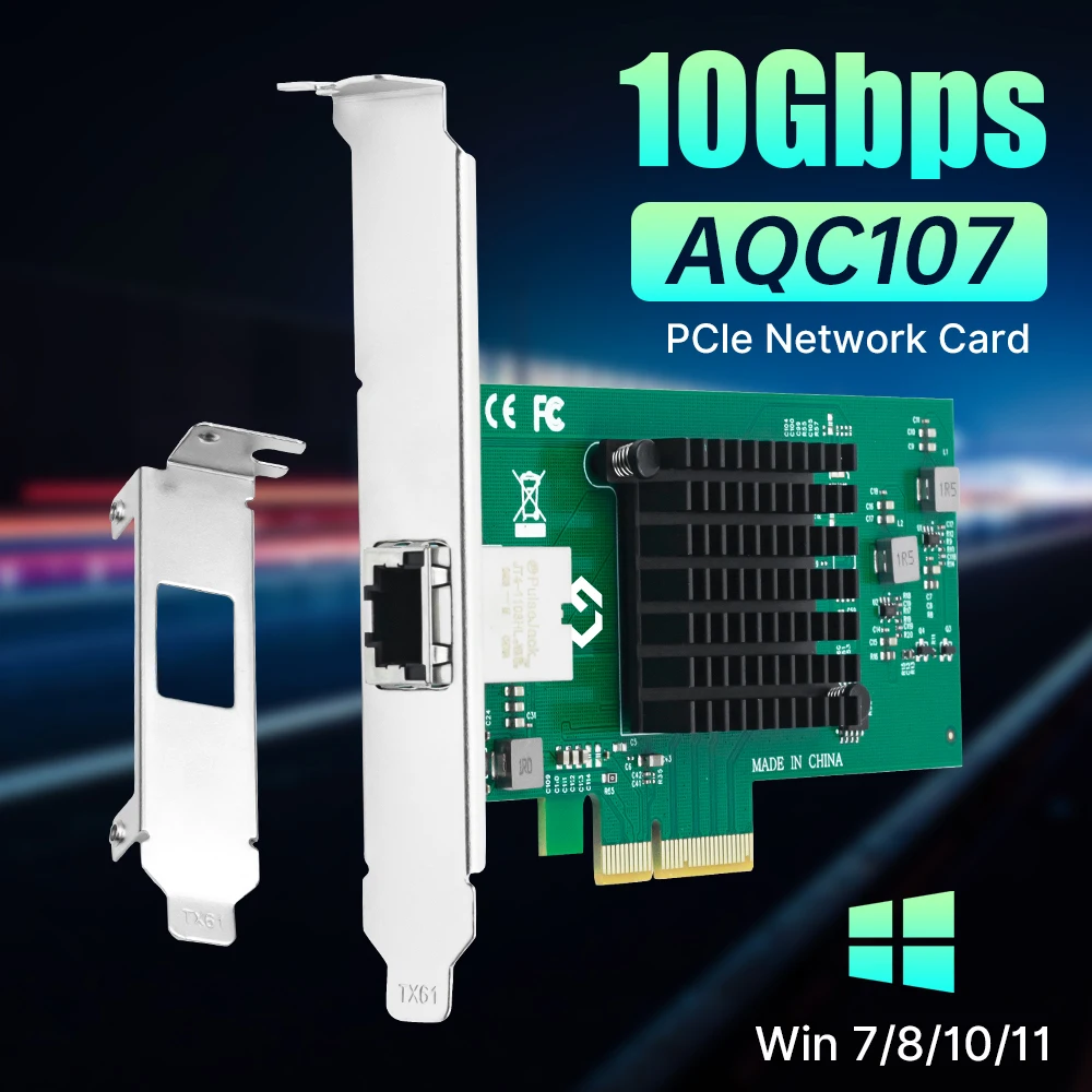 การ์ดเครือข่าย 10G ชิป AQC107 10Gbps RJ45 PCIe การ์ด 3.0 x4 10G/5G/2.5G/1G/100M อะแดปเตอร์อีเธอร์เน็ตหลายความเร็ว 5 ระดับสำหรับเซิร์ฟเวอร์/พีซี