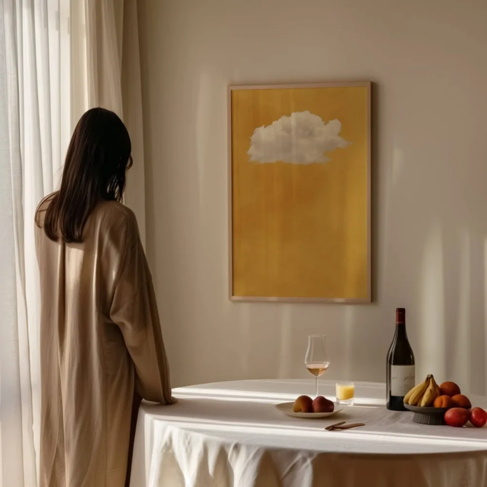 طباعة فنية جدارية على شكل سحابة صفراء بدون إطار، لوحة قماشية لملصق سحابة الخردل، أصفر لامع، ديكور فني بسيط في غرفة المعيشة