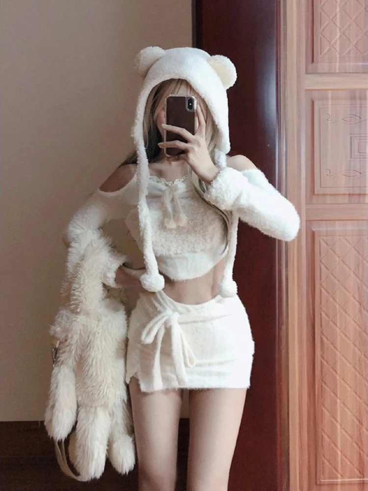 2023 Winter Kawaii Fashion 3 Piece Set Japanese Style Warm Suit Woman Casual Blouse + Y2k Mini Skirt + Cute Hat Solid Clothing