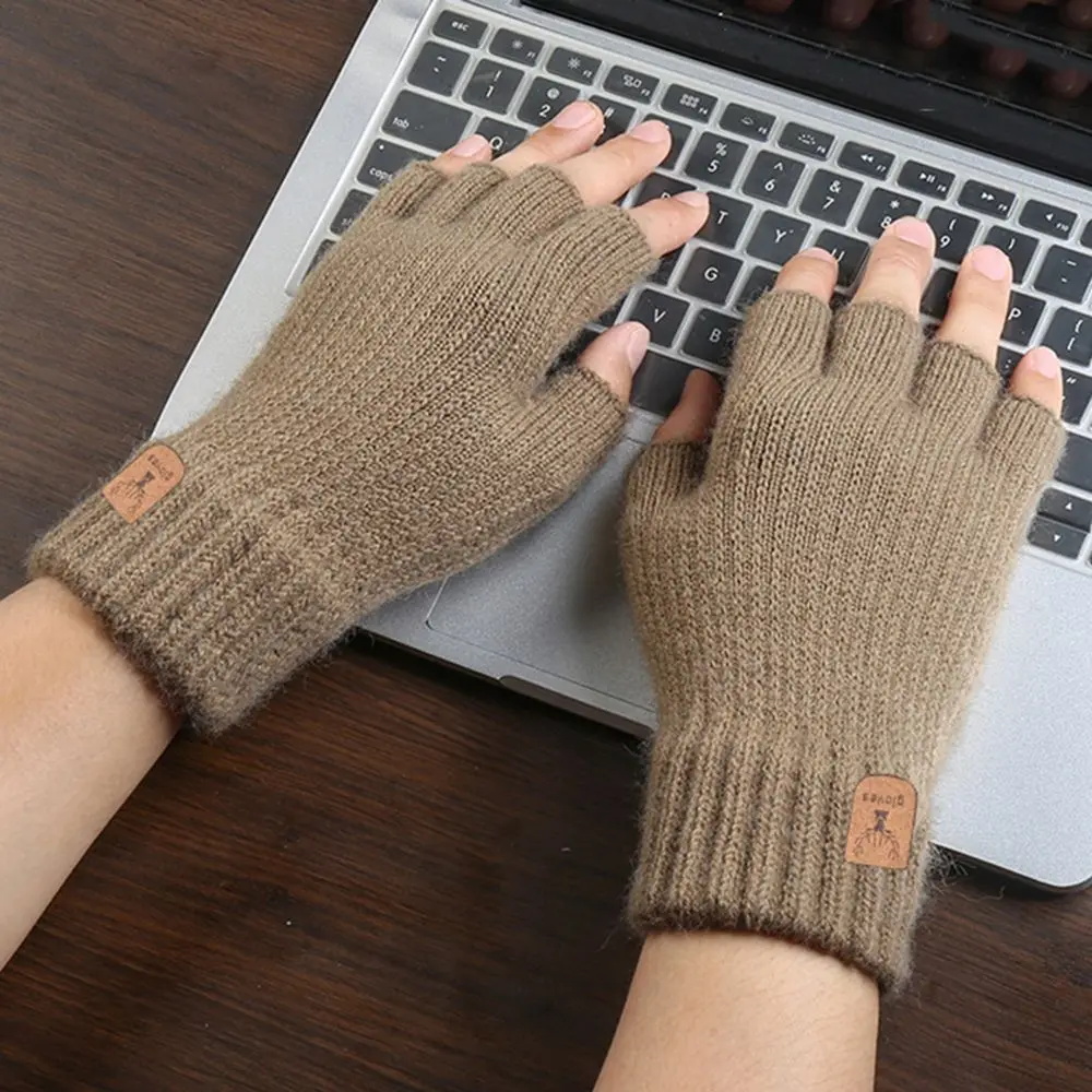 Winter Leather Label Solid Color Antler Fingerless Half-finger Gloves Knitted Cashmere Gloves Men Wool Mittens Female Gloves