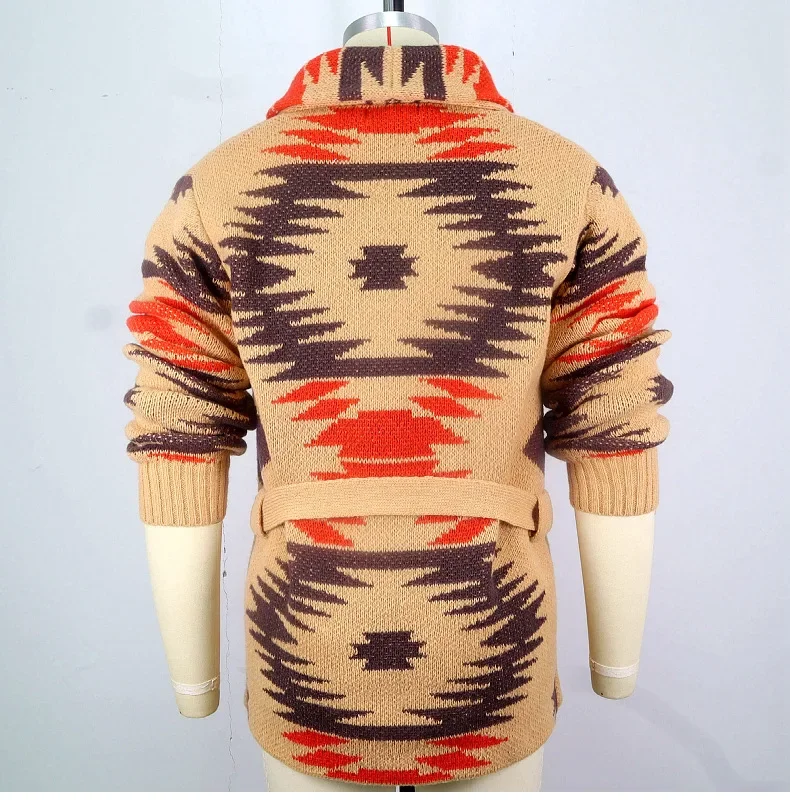 Cardigan da uomo autunno inverno cappotto di media lunghezza colletto rovesciato cappotti con stampa cintura con lacci giuntura maglioni casual a punto aperto
