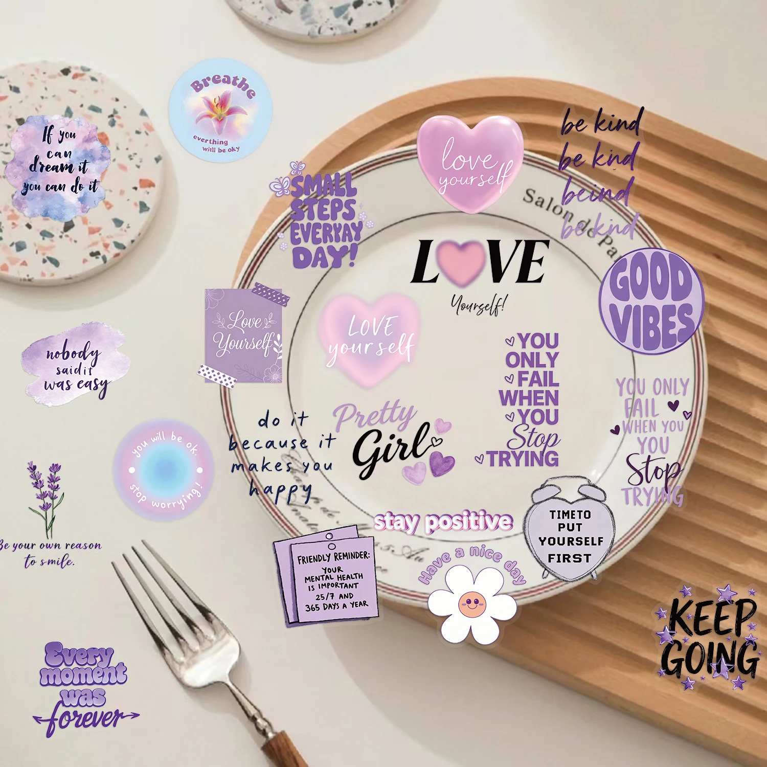 50PCS Purple Inspirational Text Slogan Stickers for Reward DIY Cup Stationery Box Phone Guitar Window Desk File Holder Decals