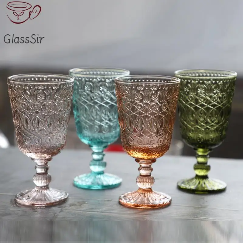 2Pcs Vintage Relief Wine Glass Cups Color Embossed Goblet Home Juice Water Cup Wedding Party Champagne Cocktail Cup Gift 350Ml