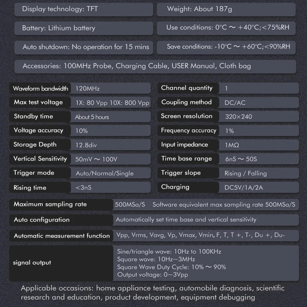 ET120MPro Oscilloscope with 120MHz Analog Bandwidth Auto Measurement of 12 Parameters for Electronics Troubleshooting