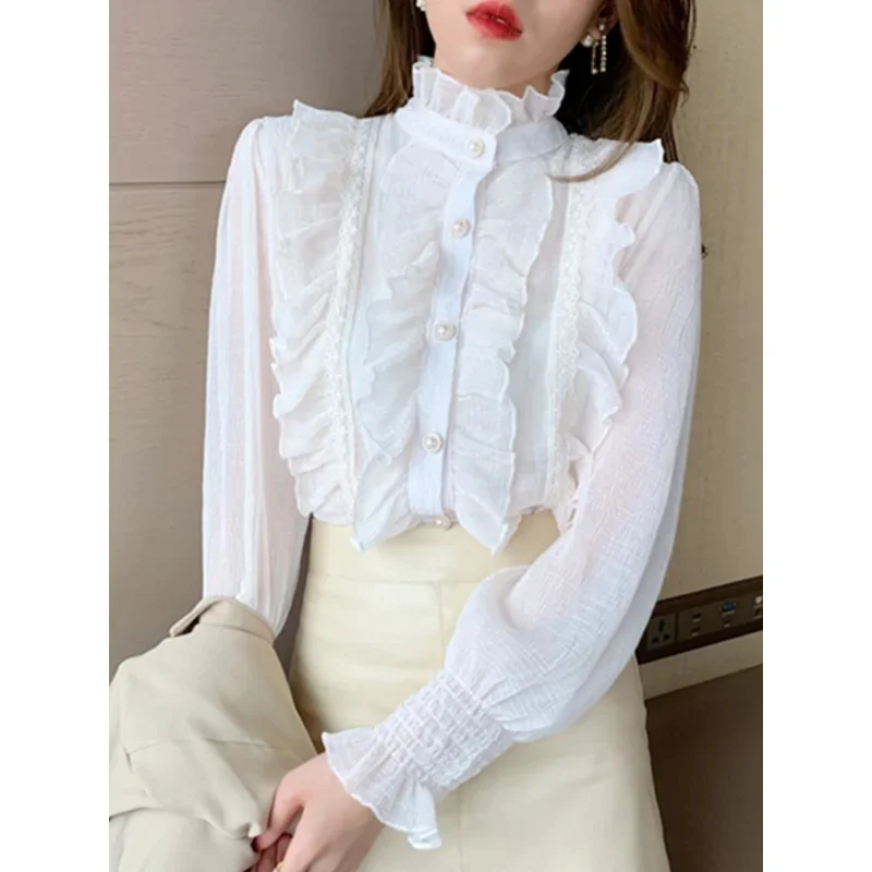 Fashion Vintage Ruffles Chiffon Long Sleeve Autumn Women Shirts 2024 Office Lady Elegant Casual Loose White Blouses Lace Tops