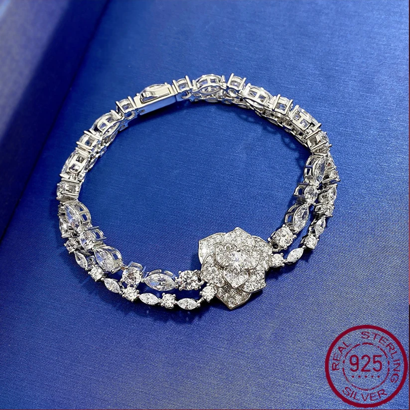 

2023 New Fashion S925 Silver Luxury Inlaid with Diamond Mountain Camellia Bracelet Fashion Mingyuan Ins Simple Style