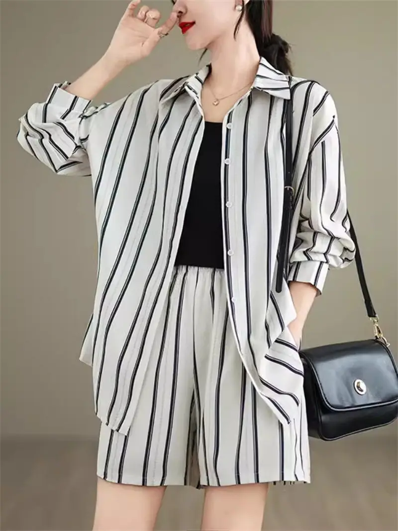 

2024 Sunscreen Long Sleeve Shirt For Women Summer Large Size Stripes Loose Fitting Wide Leg Shorts Two Piece Set Outfits K1561
