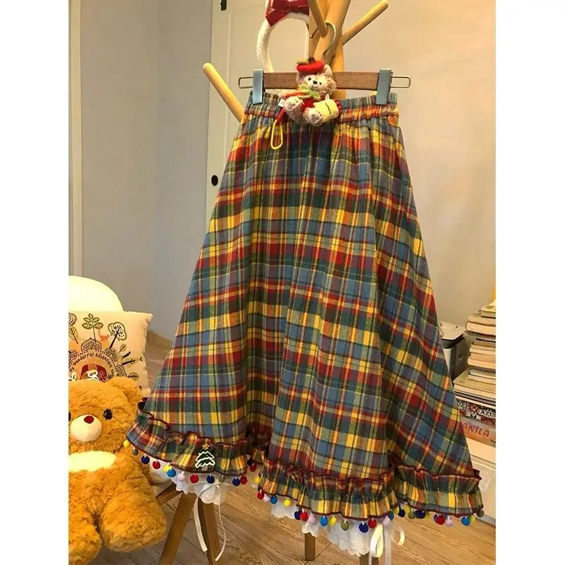 Christmas candy beans Retro festive color plaid pleated skirt half skirt