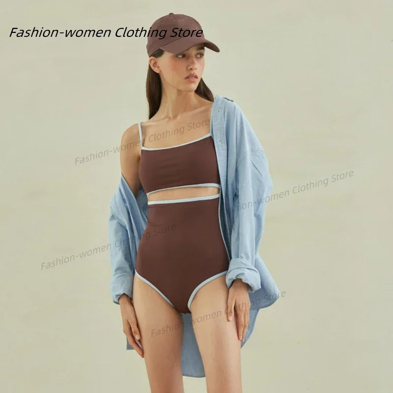 เซ็กซี่ One Piece ชุดว่ายน้ําผู้หญิงตัดชุดว่ายน้ําชุดว่ายน้ํา Monokini Bandeau ชุดว่ายน้ําเกาหลีเบาะชายหาดสวมสีน้ําตาล