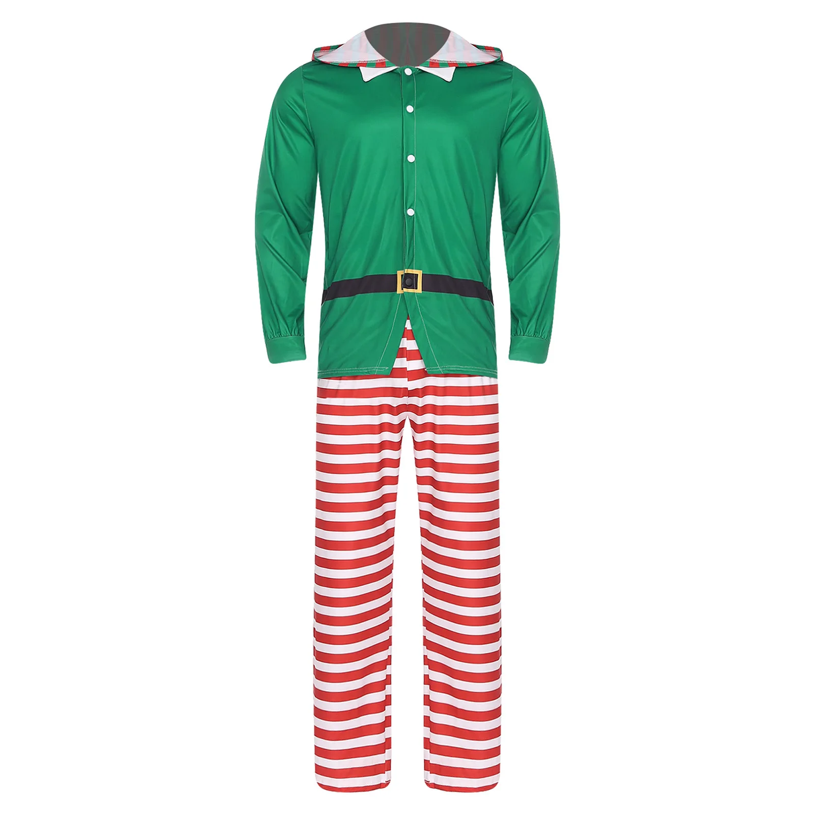 Mens Christmas Elf Pajamas Party Cosplay Costume Long Sleeve Hooded Top And Striped Pants Set for Xmas Holiday Eve Gathering view 4