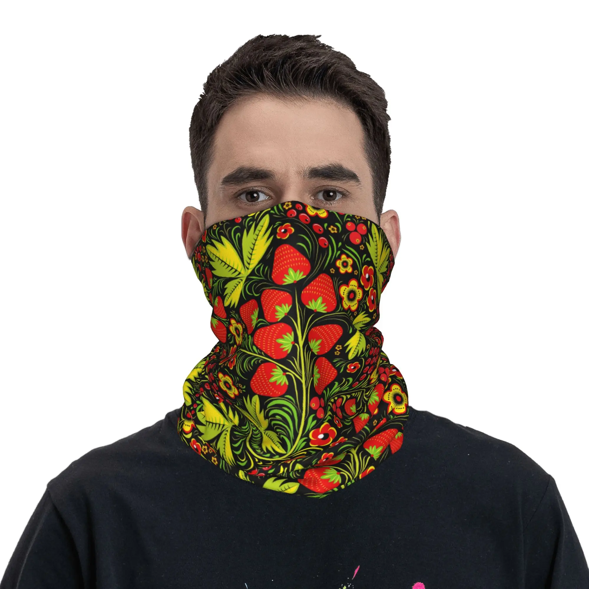 

khokhloma strawberry Bandana Neck Gaiter for Hiking Camping Men Women Wrap Scarf Headband Warmer Face Scarf Cover