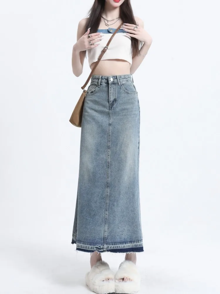 

GUUZYUVIZ Vintage Blue Denim Skirt Women A Line High Waist Ragged Edge Tassel Long Jean Skirts For Ladies Cotton