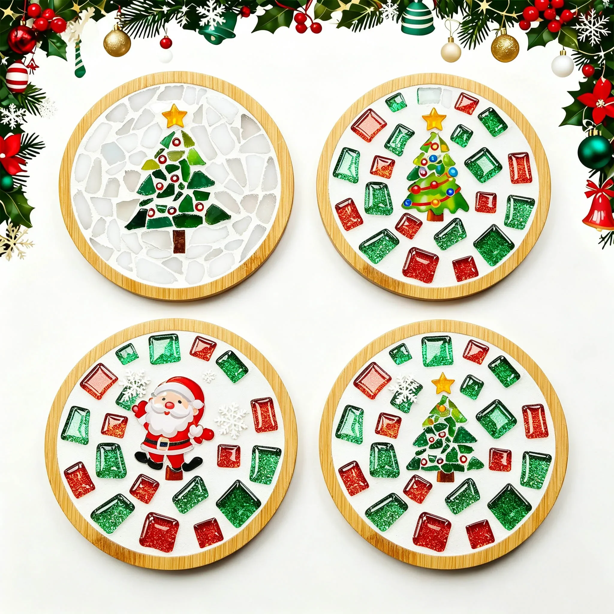 DIY Mosaic Coaster Craft Kit Bamboo Base Christmas Holiday Handmade Supplies Parent‑Child Creative Handicraft Toy Kids Gift Set