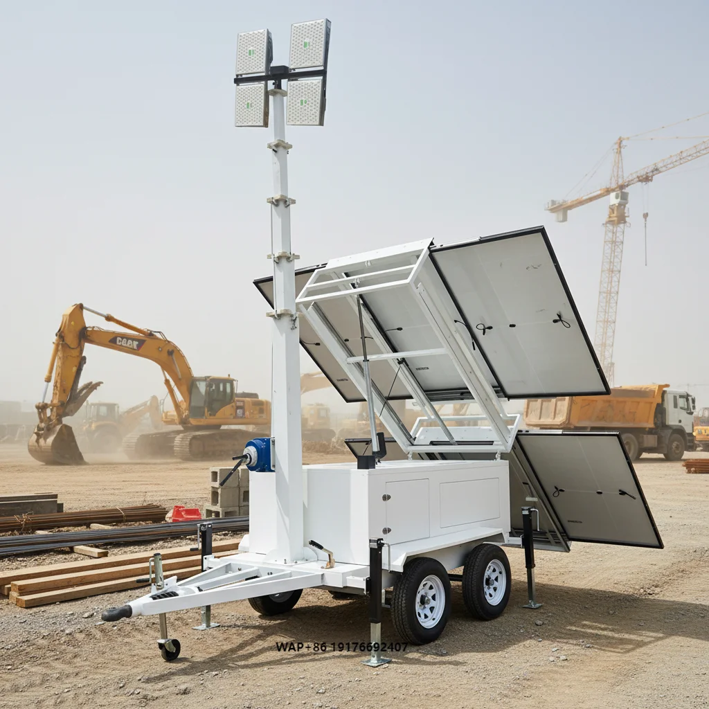 Hot Selling Portable Solar Trailer Three Solar Panels Solar Light Tower IP66 Rated DC 24V / 48V /72V Metal Construction