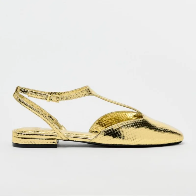 2025 Spring Women Slingback Flats Designer Buckle Ankle Strap Fashion Gold Black Large Size Comfortable Ladies Mary Jane Shoes