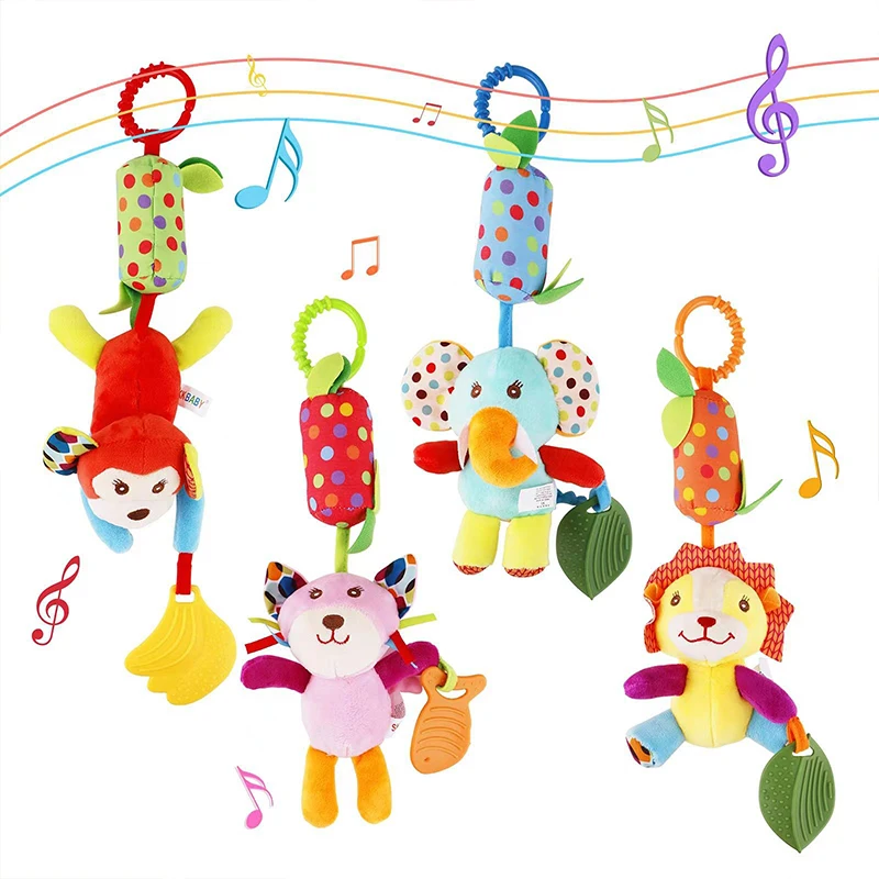 Plush Animal Stroller Hanging Wind Chimes Infant Trolley Car Bed Crib Baby Soft Hanging Rattle Crinkle Squeaky Early Leaning Toy