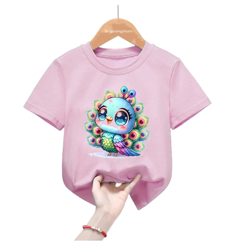 Colorful Adorable Peacock Printed T Shirt Girls/Boys Funny Kawaii Kids Clothes Summer Short Sleeve T-Shirt