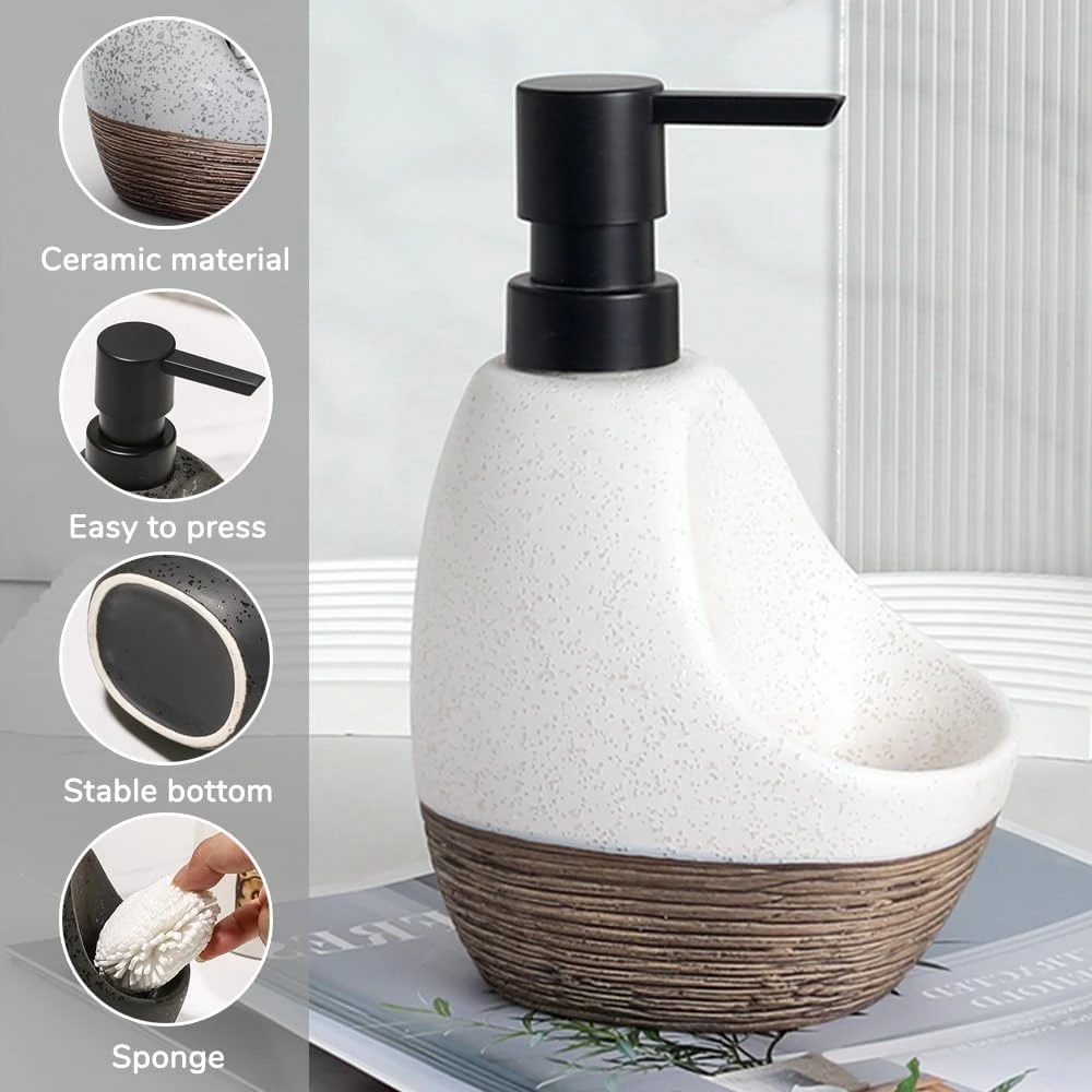 Ceramic Dish Soap Dispenser with Sponge Holder for Kitchen Sink, Empty Liquid Pump Bottle Dispenser Set for Bathroom, 1pcs 450ml