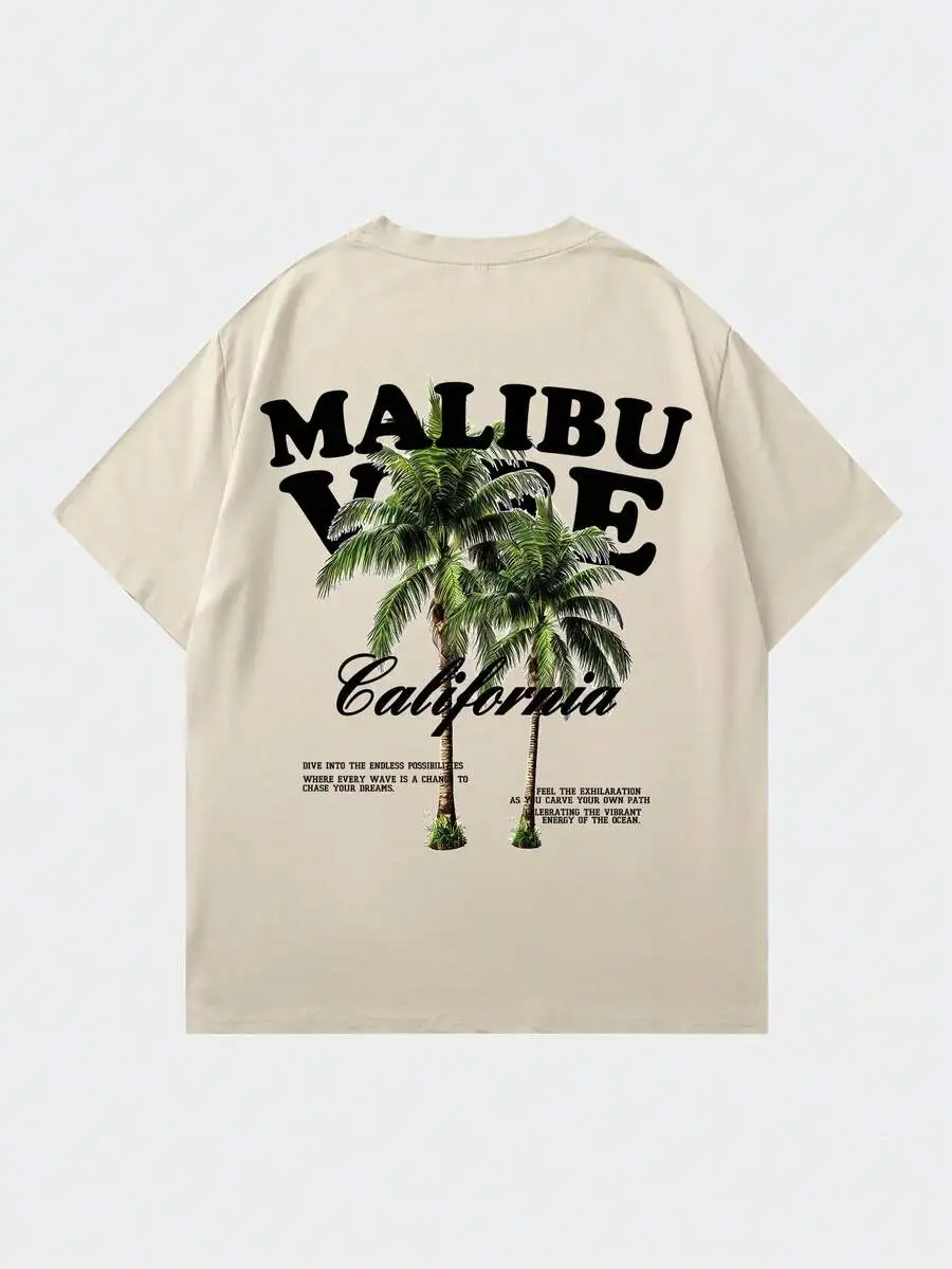 Mens Casual Short Sleeve T-Shirt With Palm Tree Print Apricot Color For Summer Vacation