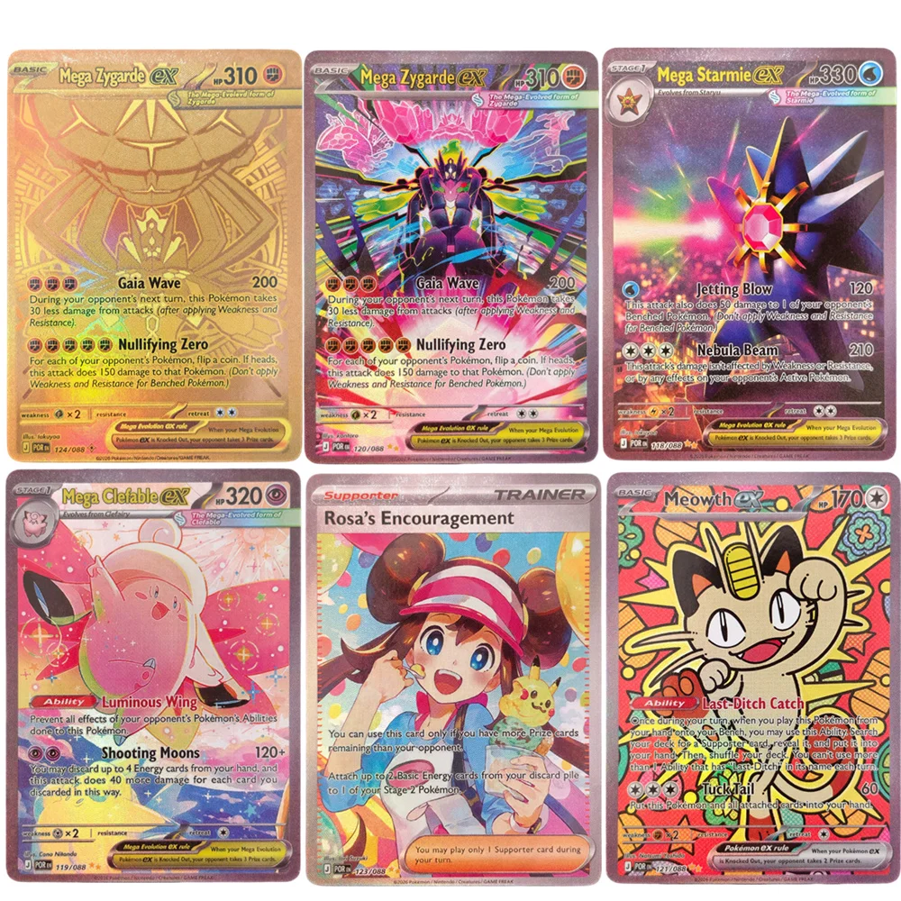 Cartas Proxy Pokémon Perfect Order POR Mega Mega Zygarde EX Starmie Clefable Meowth Rosa Coleção de Cartas de Jogo TCG em Inglês