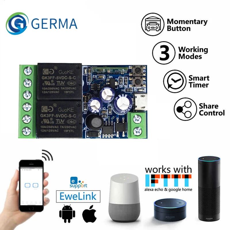 

GERMA USB 5V DC 5 12 24 36 48V eWeLink Smart Wifi Wireless Switch Relay Module 2CH Timer Phone Remote Control For Google Home