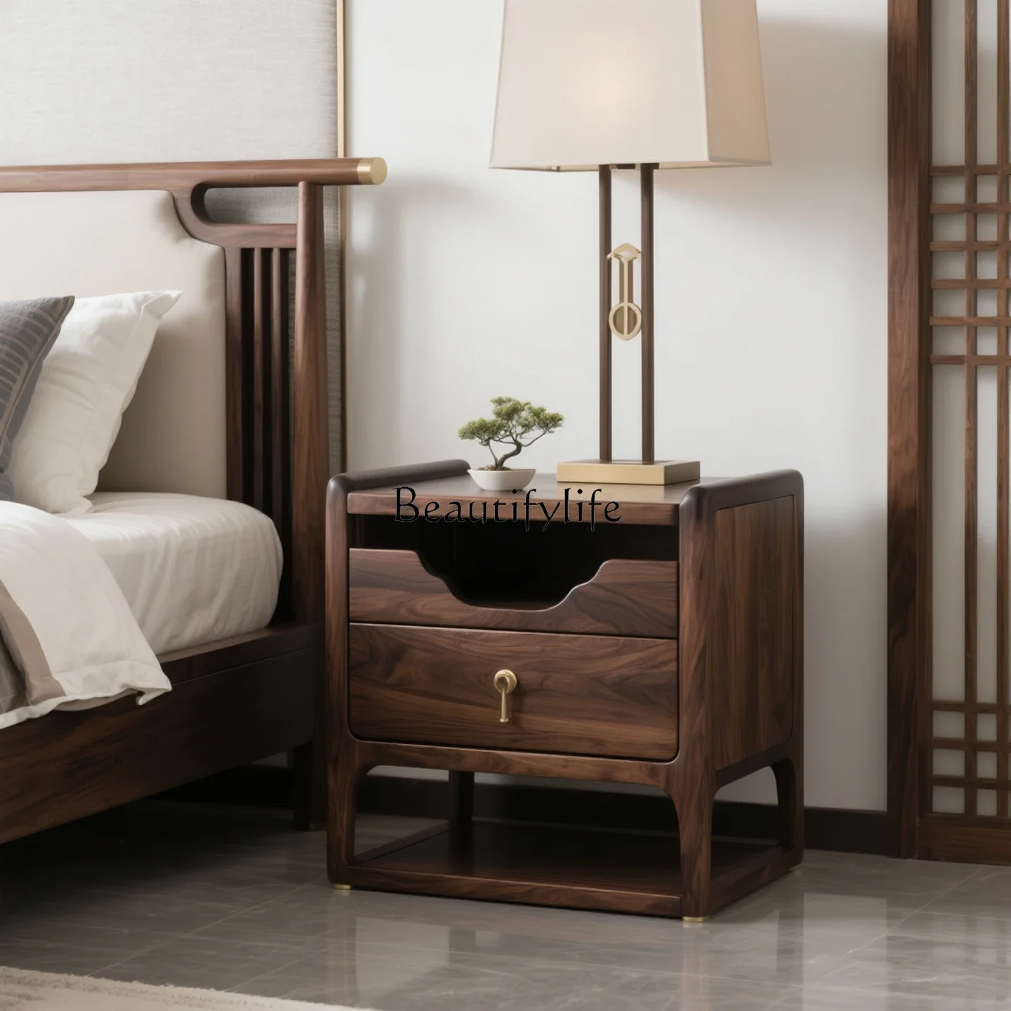 FG40New Chinese style solid wood bedside table simple modern bedroom bedside rack black walnut