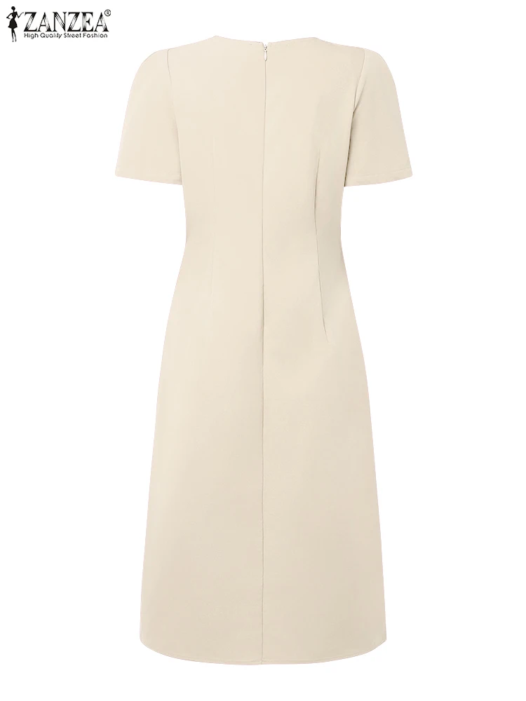 ZANZEA Elegant Party Dresses Women Fashion Short Puff Sleeve Fitted Wasit Fabric Flower Knee-Length Vestidos Summer Solid Robes