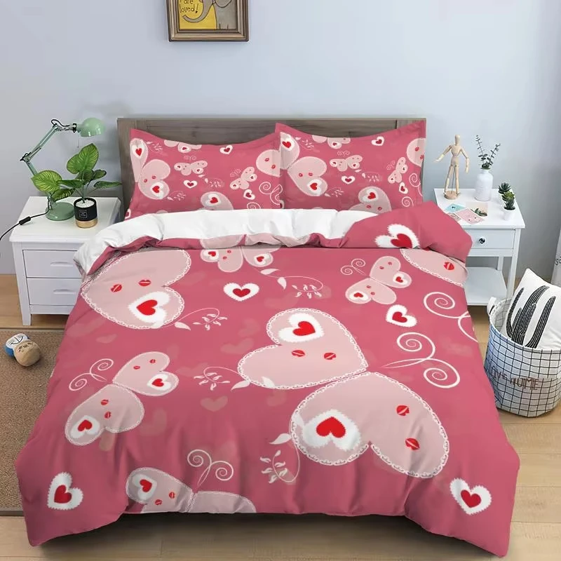 Love Heart Duvet Cover Twin Queen Size Heart Print Comforter Cover Romantic Love Bedding Set Valentine Pattern Bedspread Cover