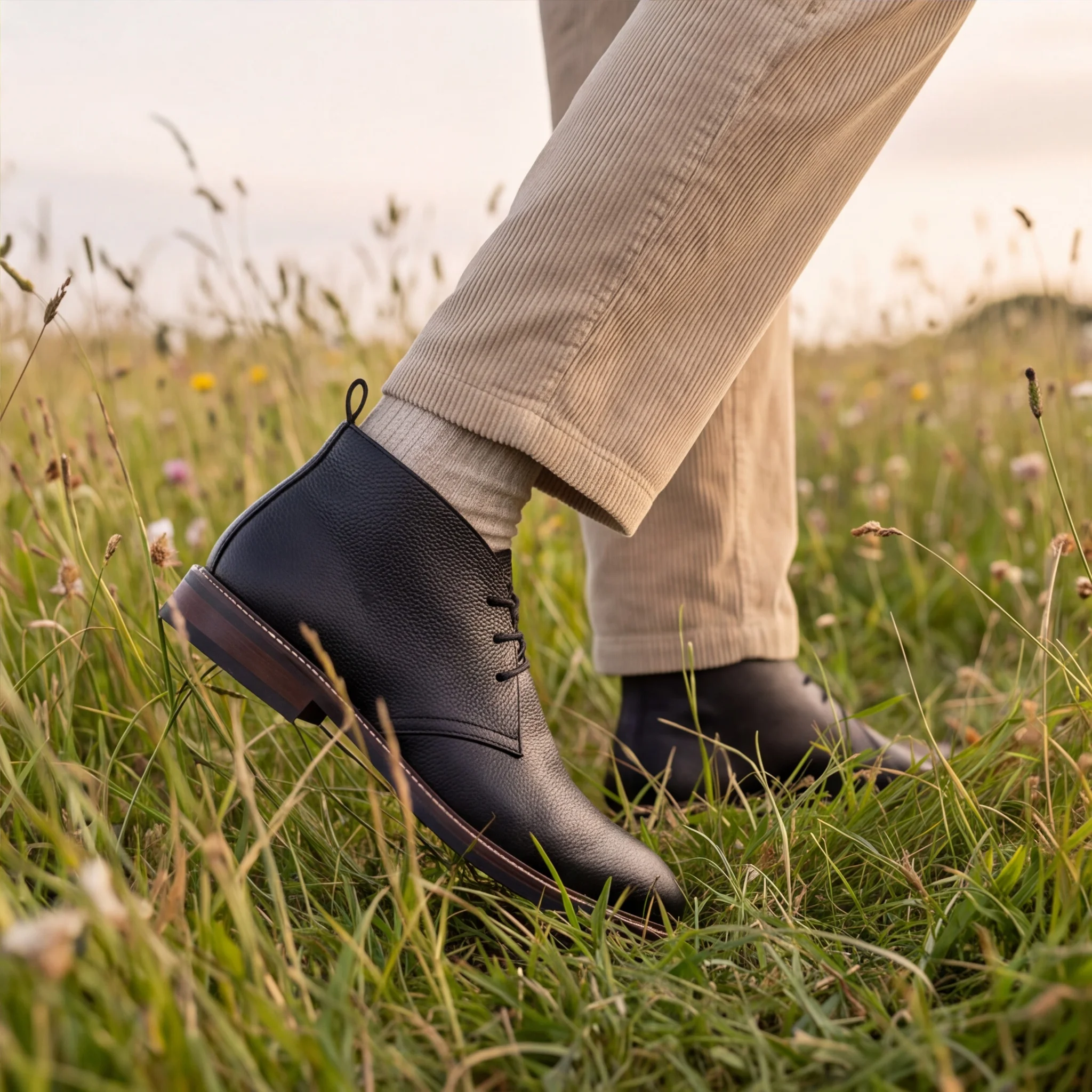 Herrenstiefel aus echtem Rindsleder, knöchelhohe Stiefel für Herren, schicke, lässige Herrenstiefel mit zwei Ösen zum Schnüren. – Detail 1