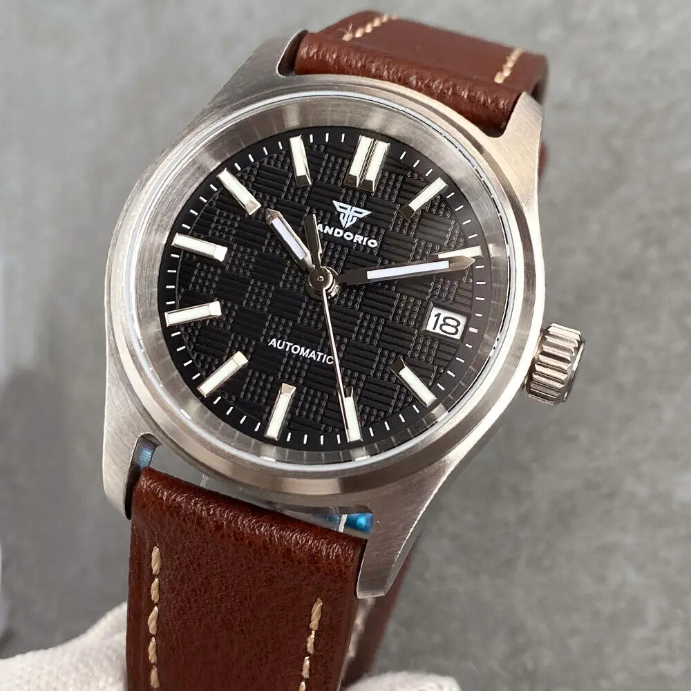 36mm Tandorio NH35A Textured Dial Automatic Mens Watch Sapphire Leather Bracelet